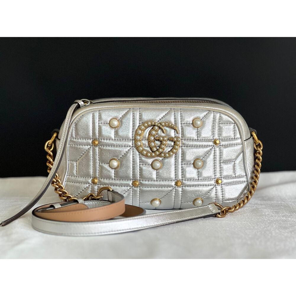 Gucci GG Marmont Small Camera Bag in metallic silver quilted leather with pearls